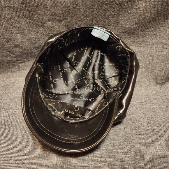 Women's Nine West Black Faux Leather Octagonal Baker Hats Gatsby Newsboy Hat - Picture 5 of 10